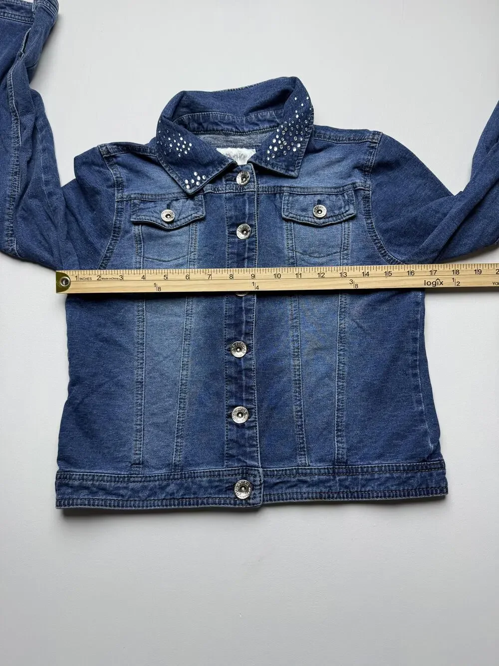 Justice Jacket Girls 18 Blue Denim Rhinestone Collar Button Front Jean Casual